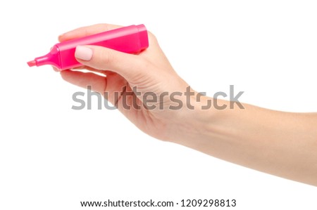 Pink marker in hand on a white background. Isolation