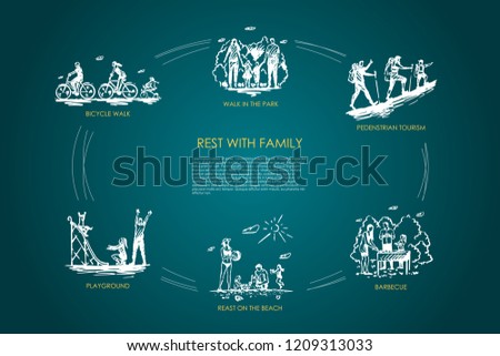 Rest with family - walk in park, bicycle walk, playground, barbecue, pedestrian tourism, rest on beach vector concept set. Hand drawn sketch isolated illustration