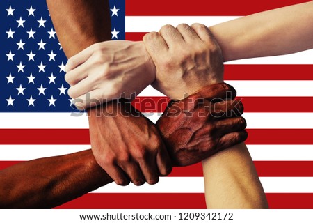 United States Flag multicultural group of young people integration diversity isolated.