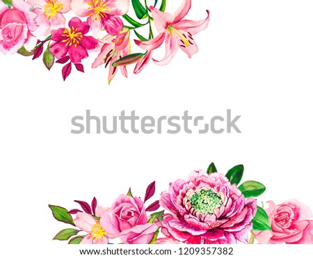 Watercolor frame pink flowers lily, ranunculus, roses illustration.