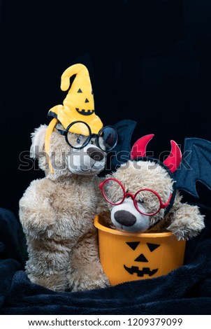 Two cute teddy bears in Halloween costume, one in pumpkin bucket digging to find sweets and the other standing next to it.  Halloween theme with copy space to use
