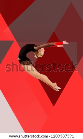 gymnast jumping on a geometric background, digital, minimalist multicolored neon geometric design, red, gray, burgundy, beige forms and stripes