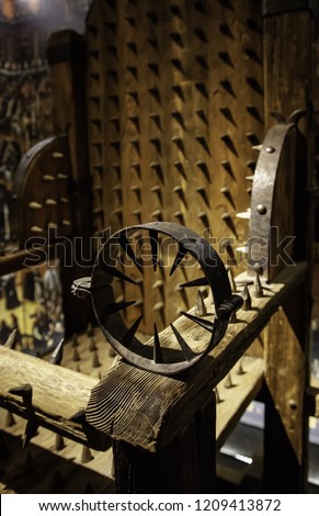 Medieval instrument of torture, detail of torture in the inquisition Royalty-Free Stock Photo #1209413872