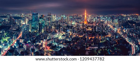 Panorama Tokyo city skyline with Tokyo Tower at dusk in Japan, Colorful color