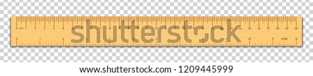 Realistic wooden tape ruler isolated on transparent background. Double sided measurement in cm and inches. Vector illustration