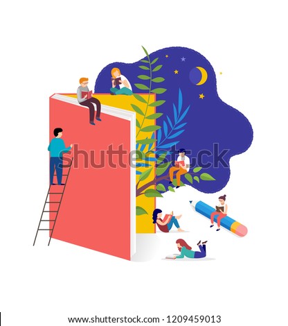 Book festival and fair concept of a small people reading a open huge book. Back to school vector illustration, poster and banner