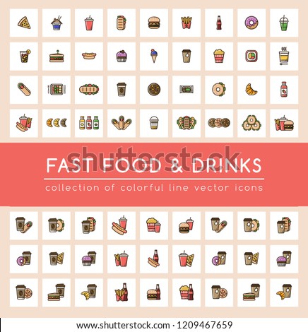 63 fast food icons set with takeaway snacks and drinks. High quality colored line icons for your design project. Can be used for print or web