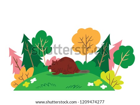 Cartoon style illustration of a smiling beaver in a forest setting.