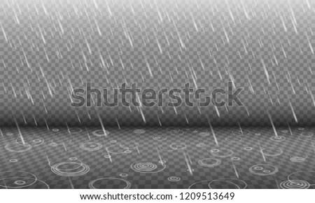 Rain with water ripples 3D effect isolated on transparency background, autumn rainfall, realistic heavy rain foreground with blurred drops and circle waves, rain design template or element Royalty-Free Stock Photo #1209513649