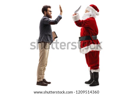 Full length profile shot of a professor high-fiving Santa Claus isolated on white background
