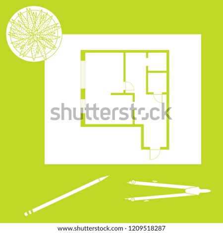 Vector illustration with apartment plan, compass, pencil, cactus. Architecture project.