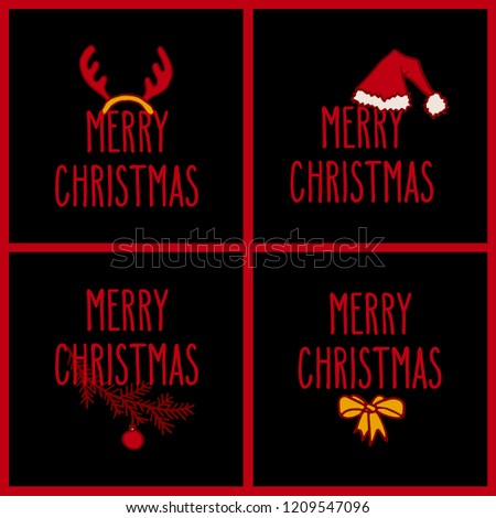 Merry Christmas hand drawn doodle greeting cards set with hand written holiday words. Vector illustration in red and orange over black background. 