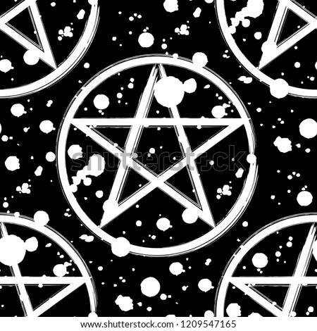 Pentagram seamless pattern, brush drawing magic occult star symbol and paint splatter. Vector background illustration in white isolated over black.