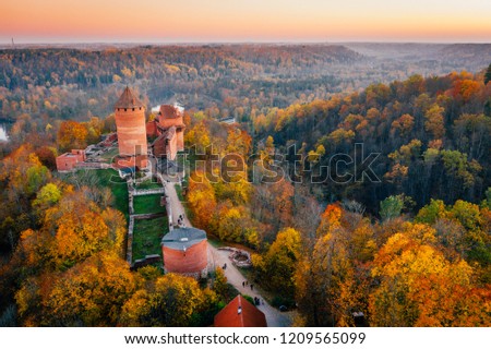 Amazing Aerial View over the Castle during Golden Hours, Sunset Time, Sigulda, Latvia, Touristic Place, Beautiful Wallpaper