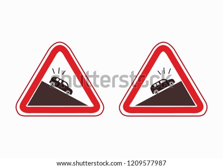 Steep climb icon. Steep Climb or Steep Slope. Steep ascen. Dangerous descent of the road. Warning signs. traffic training.  traffic rules. Traffic signs. road signs. information traffic signs Royalty-Free Stock Photo #1209577987