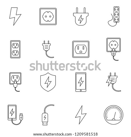 Simple Set of Surge Protector Related Vector Line Icons. Contains such Icons as American/European Socket, USB Charge, Child Protection and more. Flat design Royalty-Free Stock Photo #1209581518