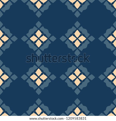 Vector geometric seamless pattern. Traditional folk ornament. Texture with rhombuses, flower silhouettes, diamonds. National ethnic motif. Blue, teal and beige colors. Repeat ornamental background