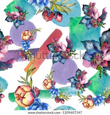 Watercolor colorful bouquet flower. Floral botanical flower. Seamless background pattern. Fabric wallpaper print texture. Aquarelle wildflower for background, texture, wrapper pattern, frame.