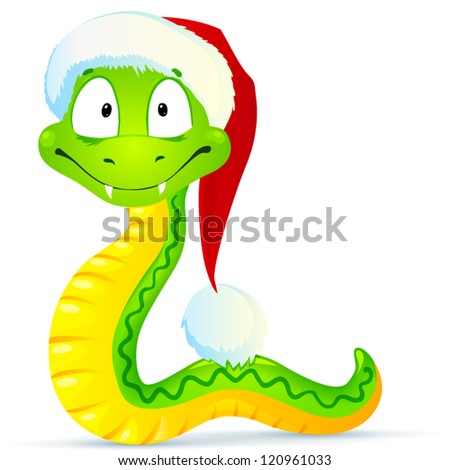 Green New Year snake in red Santa hat