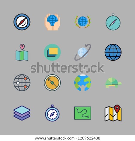 earth icon set. vector set about layers, compass, map and turtle icons set.
