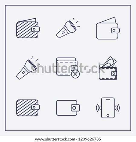 Outline 9 pocket icon set. wallet, close wallet, phone vibrate and flashlight vector illustration