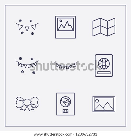 Outline 9 border icon set. foreign passport, map, ribbon and garland vector illustration