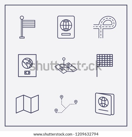 Outline 9 country icon set. distance, map, foreign passport and flag vector illustration