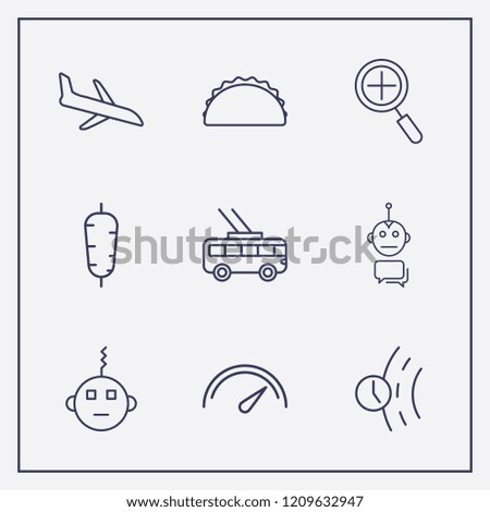 Outline 9 fast icon set. zoom, sandwich, speedometer and plane landing vector illustration