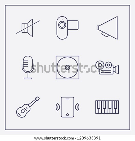 Outline 9 sound icon set. guitar, sound off, microphone and video camera vector illustration