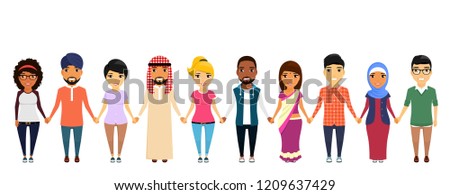 A group of people of different nationalities are holding hands with each other. Asian, Latin American, African, European, Indian, Arab. In flat style on white background. Cartoon Royalty-Free Stock Photo #1209637429