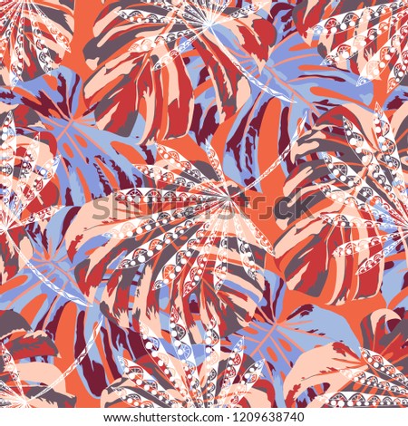 Tropical Leaves. Seamles Pattern with Hawaiian Jungle. Retro Colorful Texture for Dress, Swimwear, Cloth. Vector Tropical Pattern.