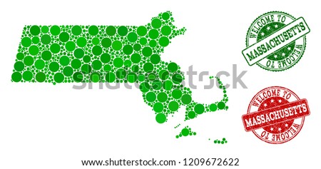 Welcome collage of map of Massachusetts State and grunge seal stamps. Vector greeting watermarks with grunge rubber texture in green and red colors. Welcome flat design for patriotic illustrations.