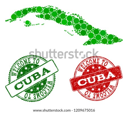 Welcome collage of map of Cuba Island and grunge seal stamps. Vector greeting watermarks with grunge rubber texture in green and red colors. Welcome flat design for political purposes.