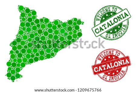 Welcome composition of map of Catalonia and unclean seals. Vector greeting seals with unclean rubber texture in green and red colors. Greeting flat design for guest appreciation posters.