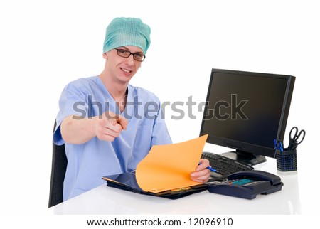 Doctor at his desk, checking patient data, x ray,  white background,  studio shot.