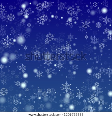 Snowflakes Christmas Background. Element of Design with Snow for a Postcard, Invitation Card, Banner, Flyer.  Vector Falling Snowflakes on a Blue Background


