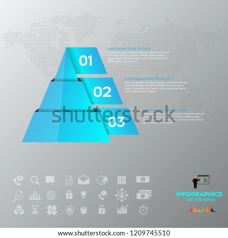 Pyramid blue chart infographics with 3 elements, vector eps10 illustration on the grey background.Eps 10 vector file.