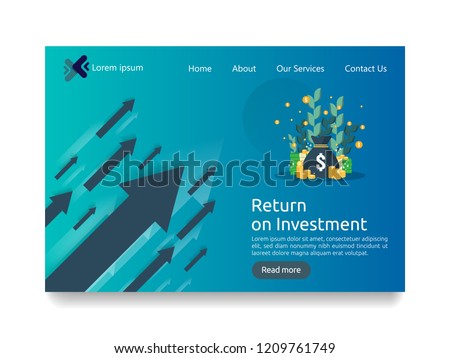 Return on investment ROI concept. Financial business growth arrows to success. dollar stack pile coins and money bag. chart increase profit. Finance stretching rising up. flat style web landing page.