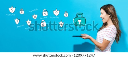 Cyber security with young woman using her tablet