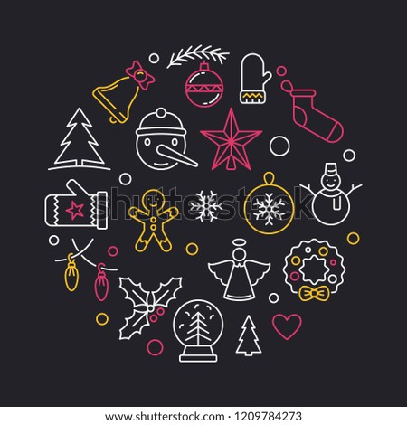 Christmas modern round vector illustration made with xmas linear icons on dark background