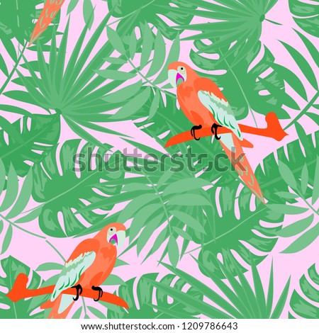 Tropical seamless pattern with parrots, tropical leaves and flowers.
