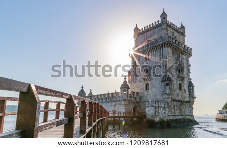 View of Torre de Belem, Lisbon, Portugal. Sunray behind Torre de Belém at Lissabon, Portugal