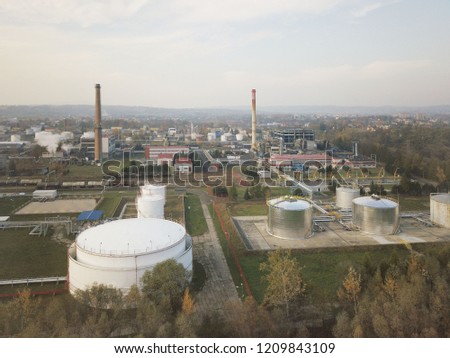 Europe. Clean of an oil refinery. View from the height of the bird's palette. Shooting with a quadcopter, an aircraft, drones, aerial photography. Oil refining industry. Production of chemicals.