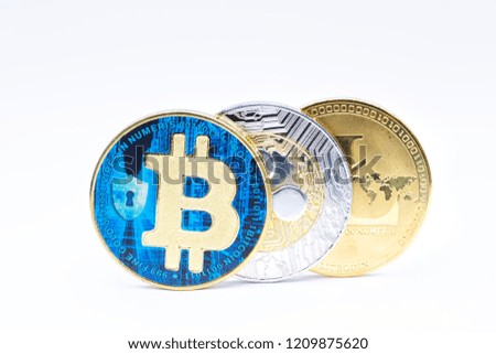 in the white background and copy space the coin of bitcoin litecoin and ripple  like concept of future and investment
