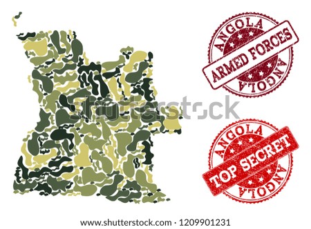 Military camouflage collage of map of Angola and red rubber stamps. Vector top secret and armed forces watermarks with unclean rubber texture. Army flat design for military posters.