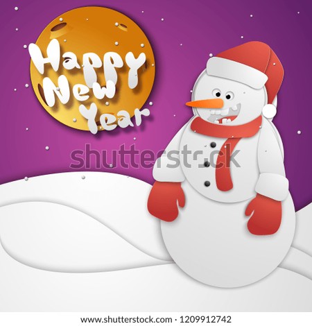 New year snowman with snow moon and stars symbols paper style vector illustration