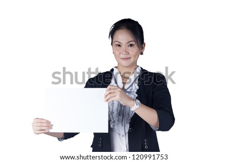 Business woman in black suit holding a blank sign board, Isolated on white background. Model is Asian woman.