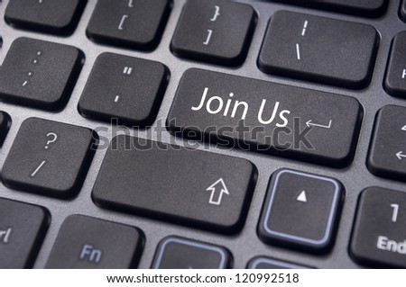 online communities concept, with 'join us' on computer keyboard.