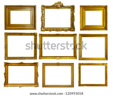 Set of 9 gold picture frames. Isolated over white background with clipping path