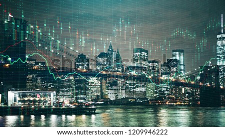 Illuminated New York night city background with upward forex chart. Trade and investment concept. Double exposure